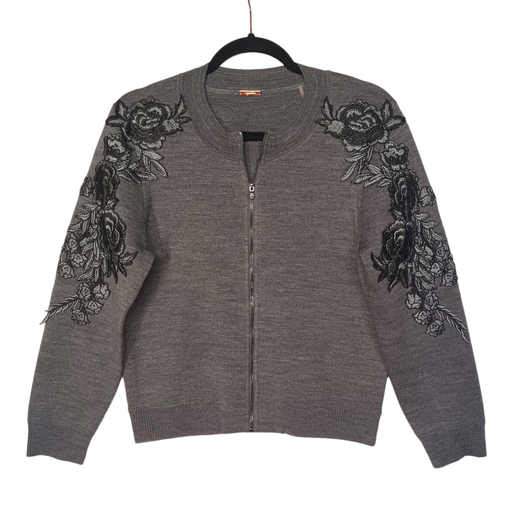 Magaschoni Wool Blend Gray Floral Print Long Sleeve Zipper Cardigan Sweater S/M